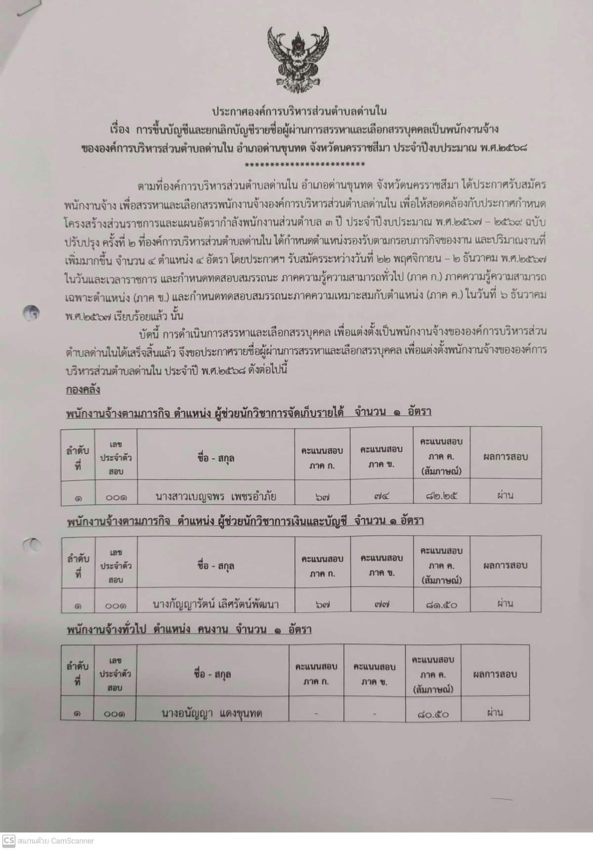 ประกาศองค์การบริหารส่วนตำบลด่านใน เรื่อง การขึ้นบัญชีและยกเลิกบัญชีรายชื่อผู้ผ่านสรรหาและเลือกสรรเป็นพนักงานจ้างขององค์การบริหารส่วนตำบลด่านใน ประจำปีงบประมาณ พ.ศ.2568